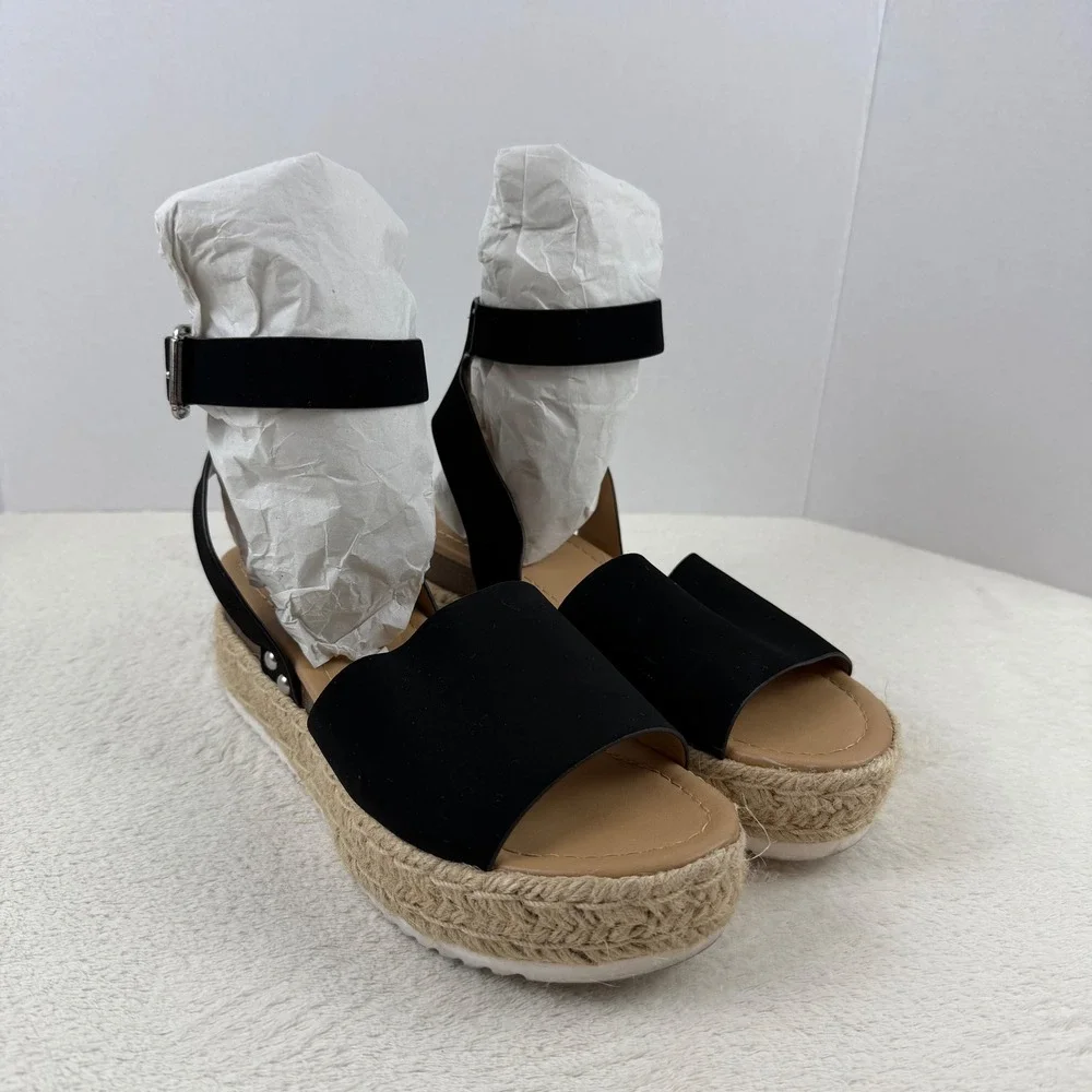 SODA Black Espadrille Platform Wedge Sandals Ankle Strap Buckle Women's‎ 7.5